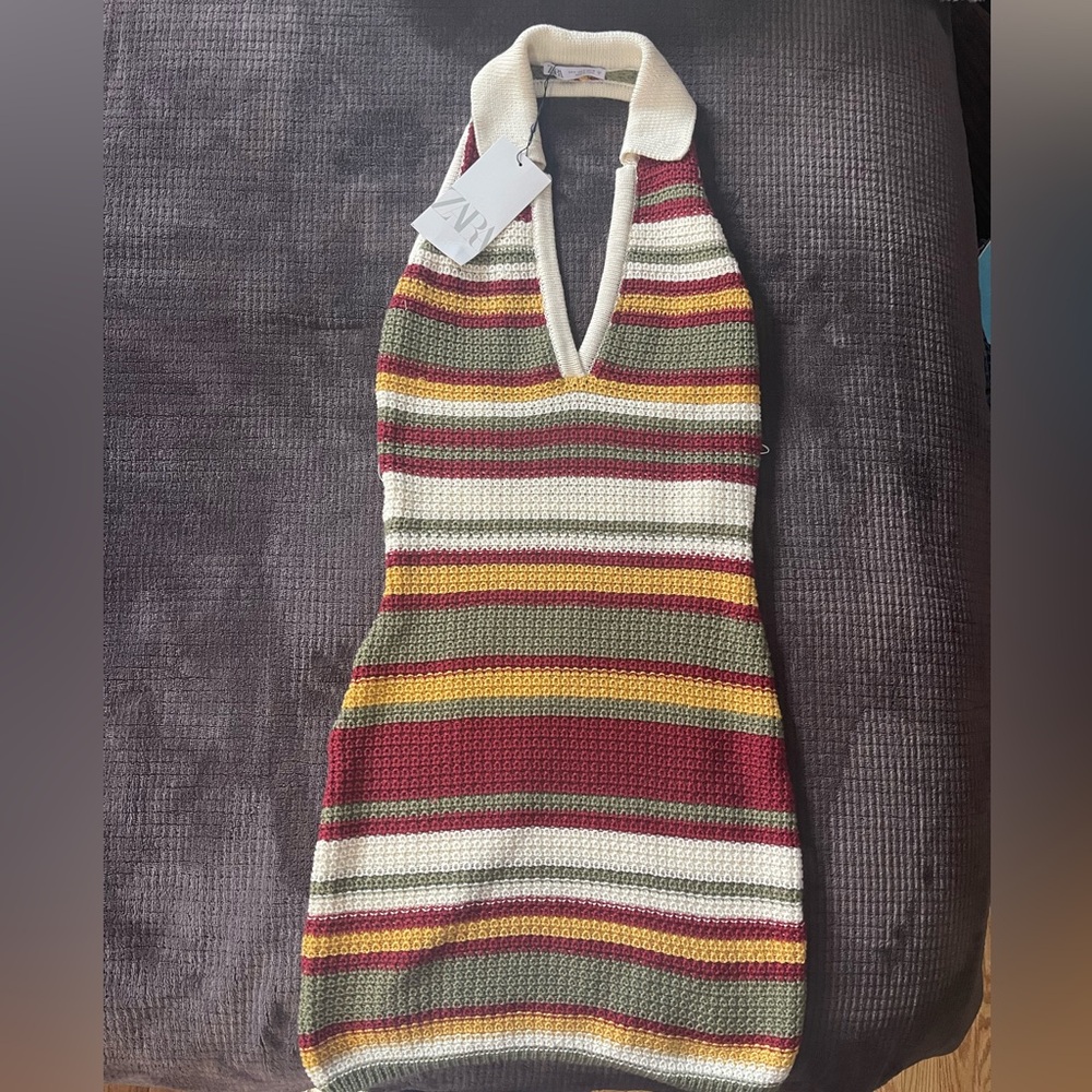 Zara crochet dress. NWT. Yellow, burgundy and Ivory color. Brand new. Size Small